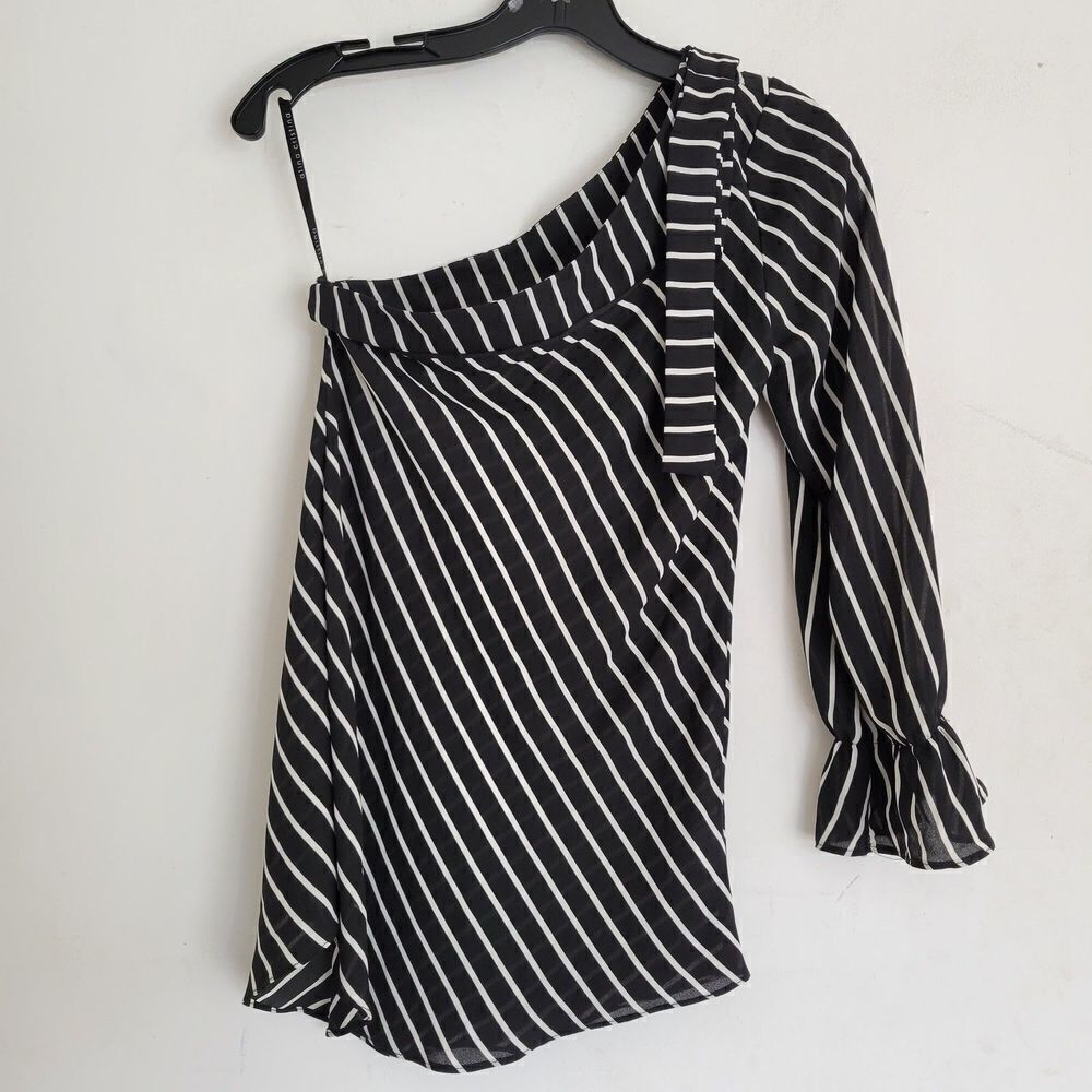 Atina Cristina One Shoulder White Black Striped Ruffle Sleeve Blouse Top Size XS